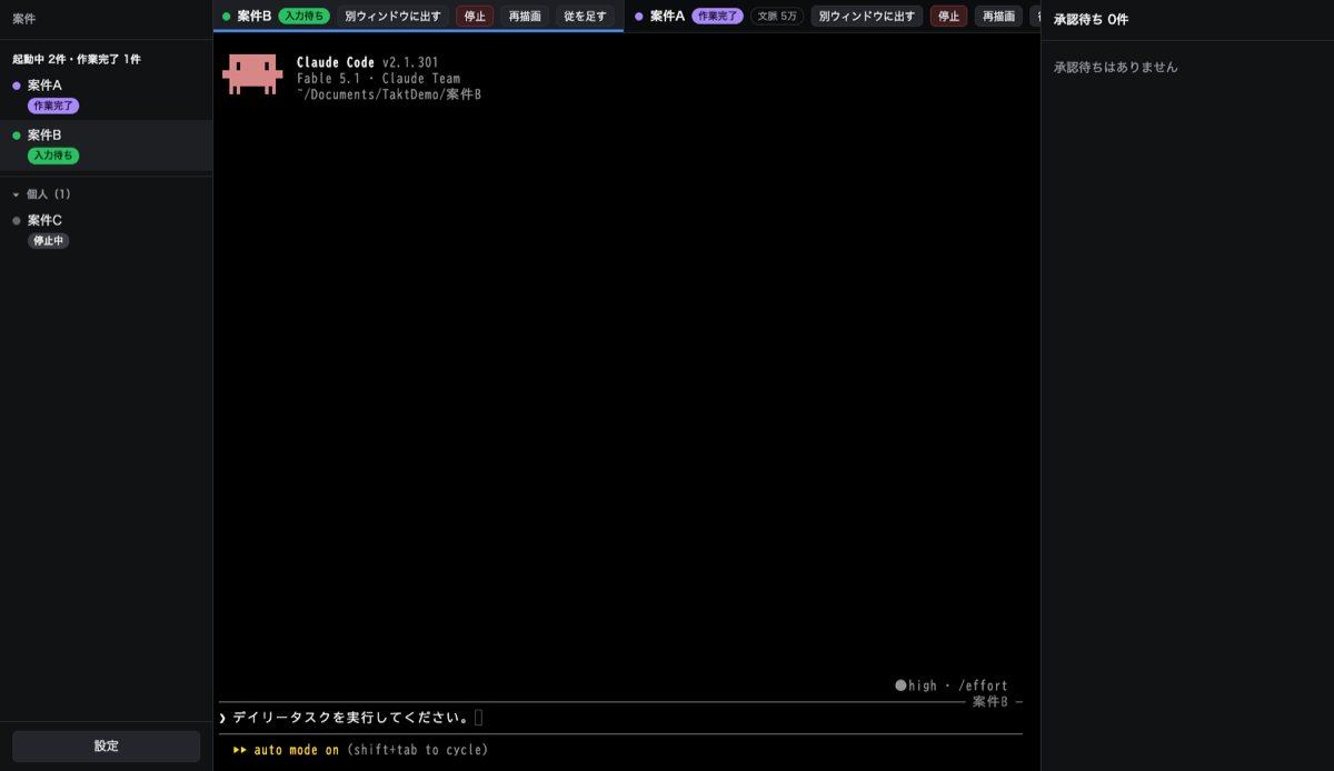 指揮者からの指示で起動した案件B。一覧の札は入力待ちで、タブの入力欄に「デイリータスクを実行してください。」が入ったまま送信されずに残っている
